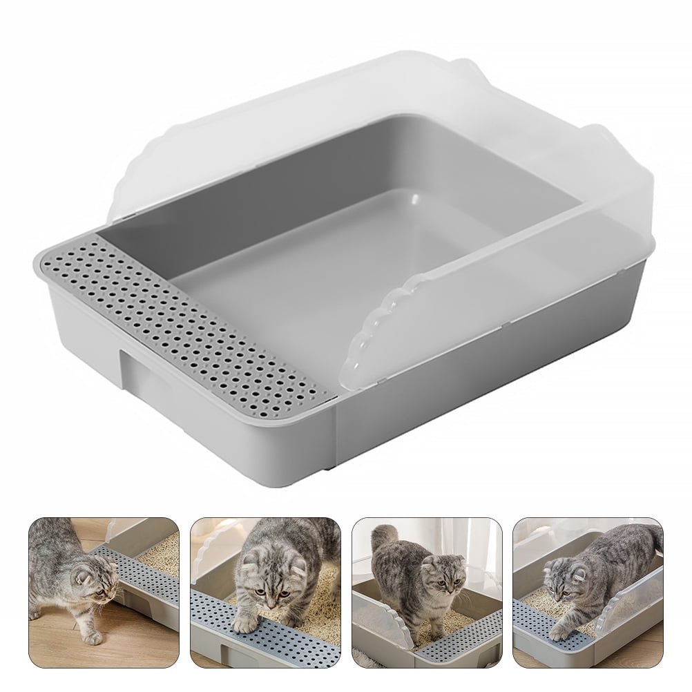 LULULION Grey Cat Litter Box Pan Semi Enclosed Durable Easy Clean Design for Pets