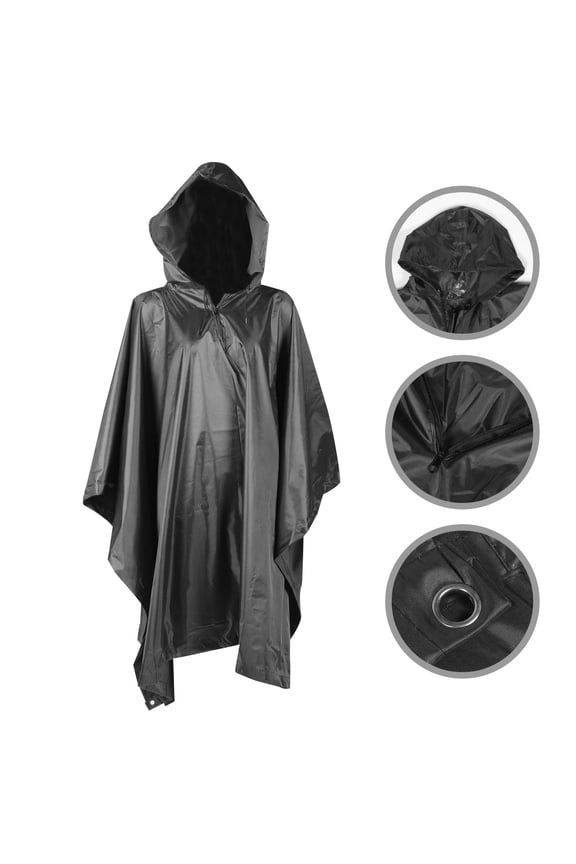 Adult Poncho Waterproof Black PVC Polyester Hoodie Design Durable Reusable 1Pcs