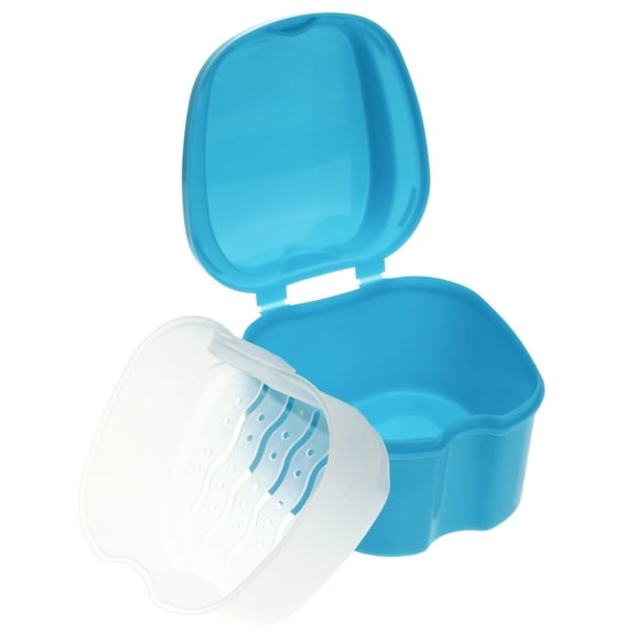 LULULION Blue Denture Case with Net Storage Container Durable Denture Holder for Cleaning