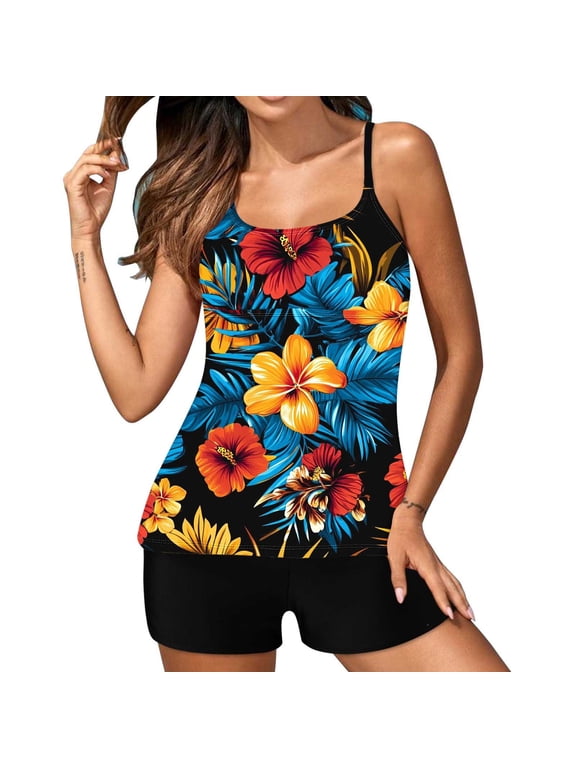 Tankini Swimsuits for Women Round Neck Spaghetti Strap Print Tank Top Side Drawstring Modest Tummy Control Boyshort Bottom Beach Pool Swimming Summer Vacation