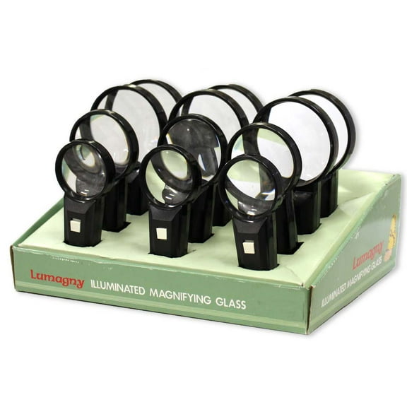 LUMAGNY 12 Pc Illuminated Magnifier Set | Black Frame | Variety Lens Sizes Set | LED Light | Elegant Counter-top Display Box