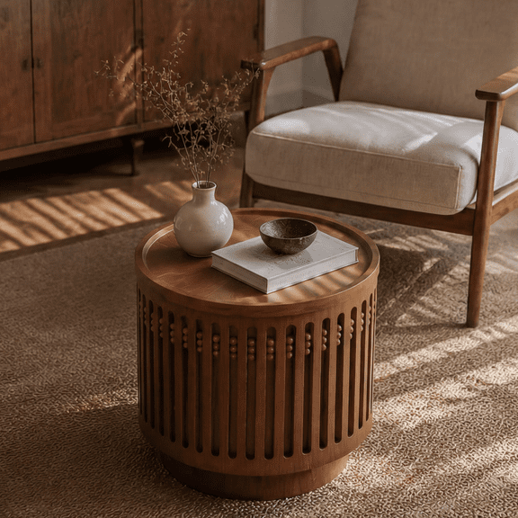 LUMAMIN 18.9" Round Wooden Side Table, End Table with Cylinder Lattice Design, Walnut Boho Accent Table with Hidden Storage for Living Room or Bedroom
