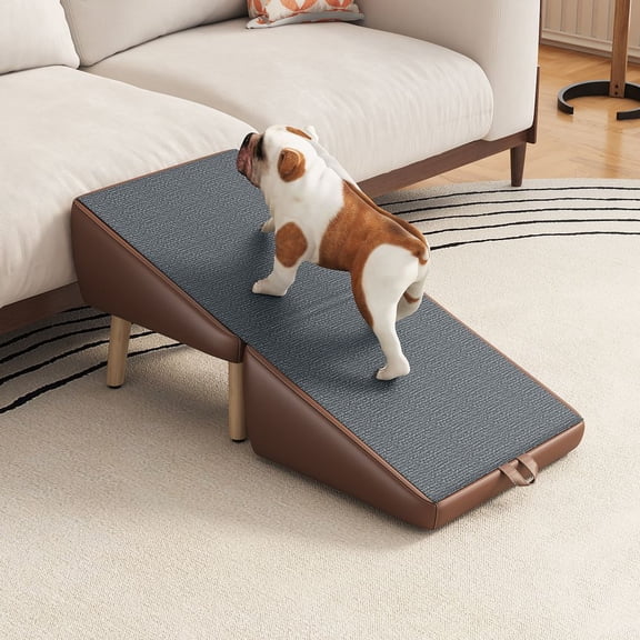 LUMAMIN 2-in-1 Foldable Dog Stairs for Couch and Bed, Wooden Pet Ramp for Small Dogs and Cats, Pet Stairs with Non-Slip Mat, Split Ottoman Pet Ramp Steps, Brown