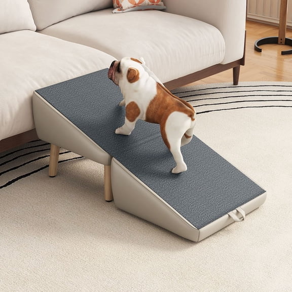 LUMAMIN 2-in-1 Foldable Dog Stairs for Couch and Bed, Wooden Pet Ramp for Small Dogs and Cats, Pet Stairs with Non-Slip Mat, Split Ottoman Pet Ramp Steps, Gray