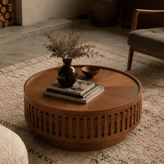 LUMAMIN 31.3 Round Coffee Table, Tea Table with Lattice Design and Flip-Top Hidden Storage, Walnut Boho Accent Table for Living Room or Bedroom