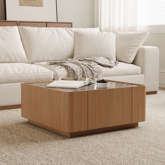 LUMAMIN 31.5 Mid-Century Modern Glass Top Coffee Table, Rectangular Center Table with Hidden Storage Drawers for Living Room or Apartment, Natural Walnut