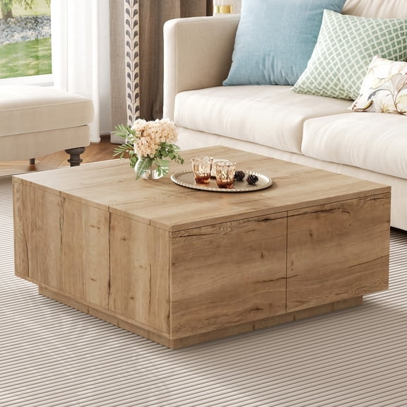 LUMAMIN 33.25" Square Coffee Table, Storage Center Table with 4 Drawers, Wood Grain Finish Storage Table for Living Room or Family Room, Walnut