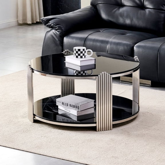 LUMAMIN 35" Modern Coffee Table, Tea Table with Double-Layer Tempered Black Glass and Stainless Steel Frame, Round Living Room Table with Easy Assembly, Silver