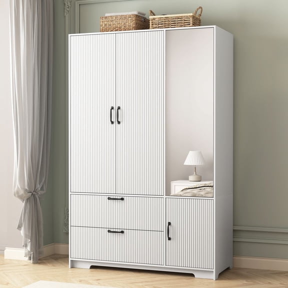 LUMAMIN 4 Doors Wardrobe Closet, Freestanding Closet with Mirror and LED Light, Wooden Wardrobe Storage Cabinet with Hanging Rod, 2 Drawers and Adjustable Shelves, White