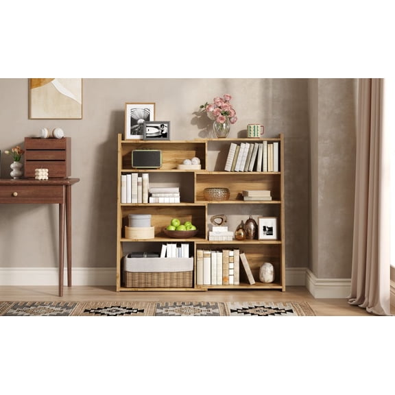 LUMAMIN 42.52 Tall Modular Bookshelf, Foldable Bookcase with Convertible Modular Design, Oak Grain Open Display Shelf for Living Room, Study or Corner Storage, Brown