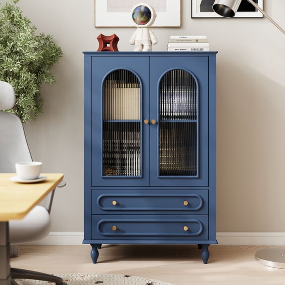 LUMAMIN 46.5" Glass Display Cabinet, Storage Cabinet with Ribbed Glass Doors and Arched Design, Wooden Curio Cabinet with 2 Drawers and Adjustable Shelf for Living Room or Dining Room, Blue