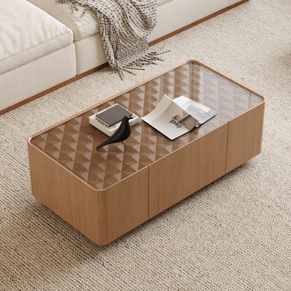 LUMAMIN 46.8 Mid-Century Modern Glass Top Coffee Table, Rectangular Center Table with Hidden Storage Drawers for Living Room or Apartment, Light Walnut