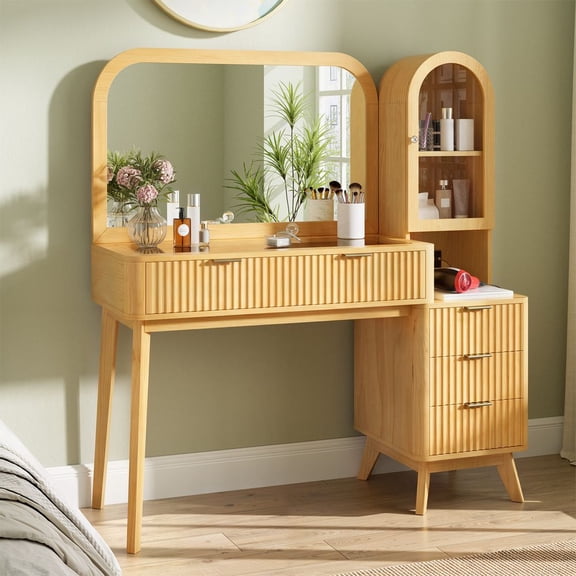 LUMAMIN 48" Fluted Makeup Vanity Desk, Makeup Vanity Table with Large 32 Inch Mirror, Dressing Table with Glass Top, 4 Drawers and Charging Station for Bedroom, Natural Wood