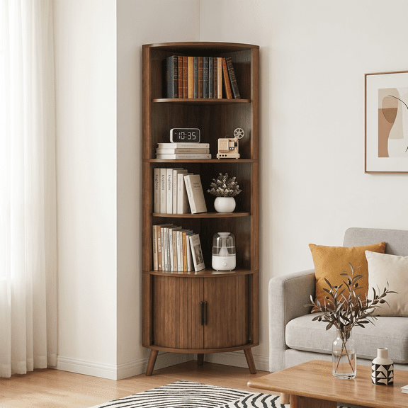 LUMAMIN 5-Tier Corner Bookshelf, Storage Stan with Sliding Doors and Open Shelves, 67 Inch Tall Freestanding Display Shelf for Living Room, Kitchen or Office, Walnut