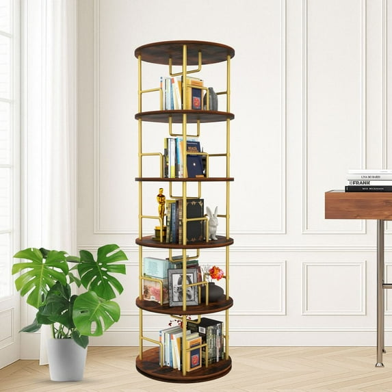 LUMAMIN 5 Tier Rotating Bookshelf, 360° Display Round Bookcase Tower, Wood & Metal Stackable Swivel Book Shelf Organizer for Home & Office, Gold