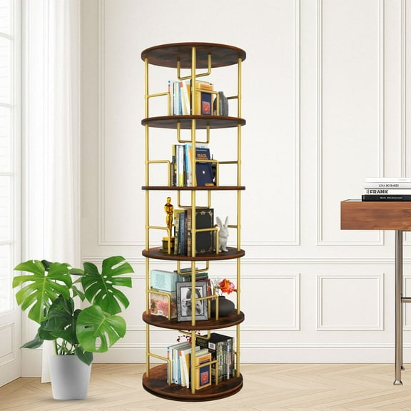LUMAMIN 5 Tier Rotating Bookshelf, 360 Display Round Bookcase Tower, Wood & Metal Stackable Swivel Book Shelf Organizer for Home & Office, Gold