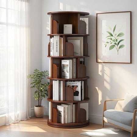 LUMAMIN 5 Tier Rotating Bookshelf, 360° Display Round Bookcase Tower, Wood Swivel Book Shelf Organizer for Bedroom, Living Room, Walnut