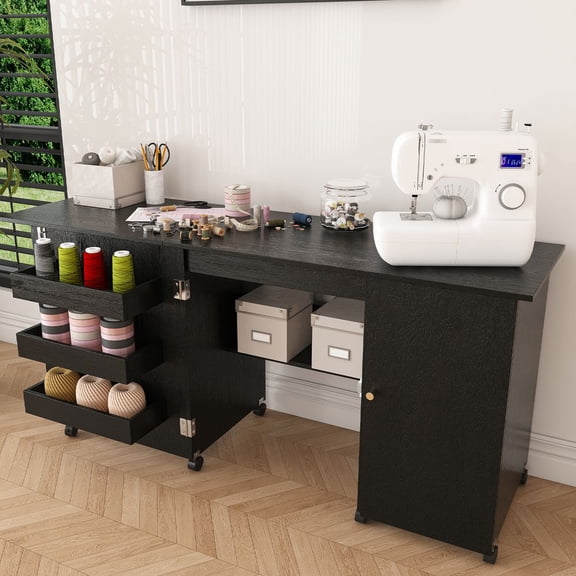 LUMAMIN 57.5" Foldable Sewing Machine Table, Sewing Cabinet with Locking Casters and Multi-Storage, Adjustable Craft Station with Shelves and Cabinet for Home or Craft Room, Black
