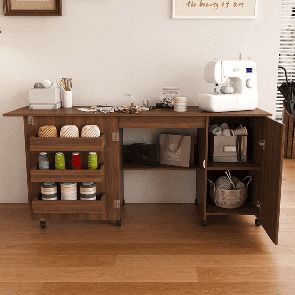 LUMAMIN 57.5" Foldable Sewing Machine Table, Sewing Cabinet with Locking Casters and Multi-Storage, Adjustable Craft Station with Shelves and Cabinet for Home or Craft Room, Walnut