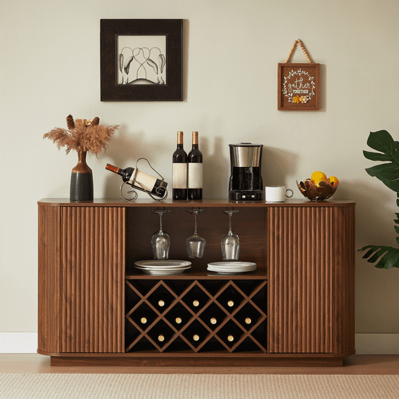 LUMAMIN 58 Modern Wavy Curve Sideboard Cabinet, Storage Cabinet with Wine Rack and Glassware Holder, Multifunctional Floor Cabinet for Kitchen, Dining Room or Coffee Bar, Walnut