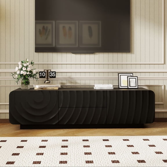LUMAMIN 58 TV Stand for 60 Inch TV, Mid Century Modern Media Console with Spiral Wave Design, Storage Cabinet with2 Drawers and Floating Base for Living Room or Bedroom, Black