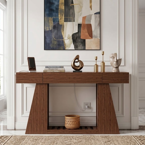 LUMAMIN 60" Narrow Console Table, Entryway Table with Built-in Power Outlet, Farmhouse Sofa Table Behind Couch with Side Storage and Slatted Shelf for Entryway or Living Room