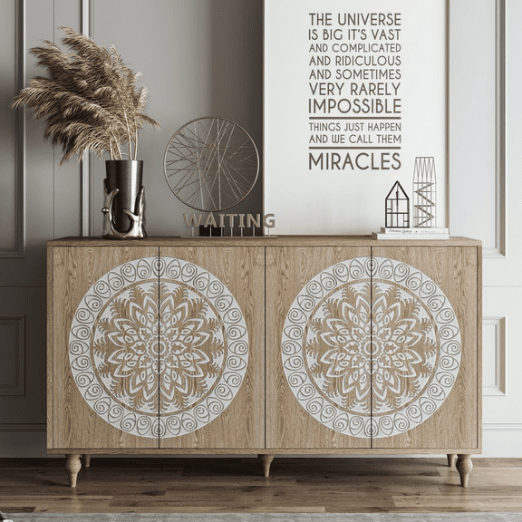 LUMAMIN 60 Vintage Mandala Carved Grain Sideboard, 4 Door Boho Buffet Cabinet with Elevated Legs for Entryway, Dining Room or Living Room, Oak
