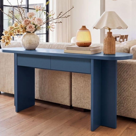 LUMAMIN 63 Console Table, Wood Sofa Table with 2 Drawers and Fluted Design, Mid Century Entryway Table with Storage for Hallway, Living Room or Behind Couch
