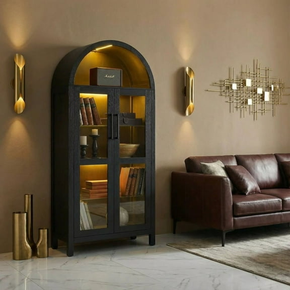 LUMAMIN 67" Tall Arched Cabinet with LED Lights, Wooden Bookshelf Bookcase Display Shelf Kitchen Pantry with Flexible Glass Partitions for Living Room, Bedroom, Black