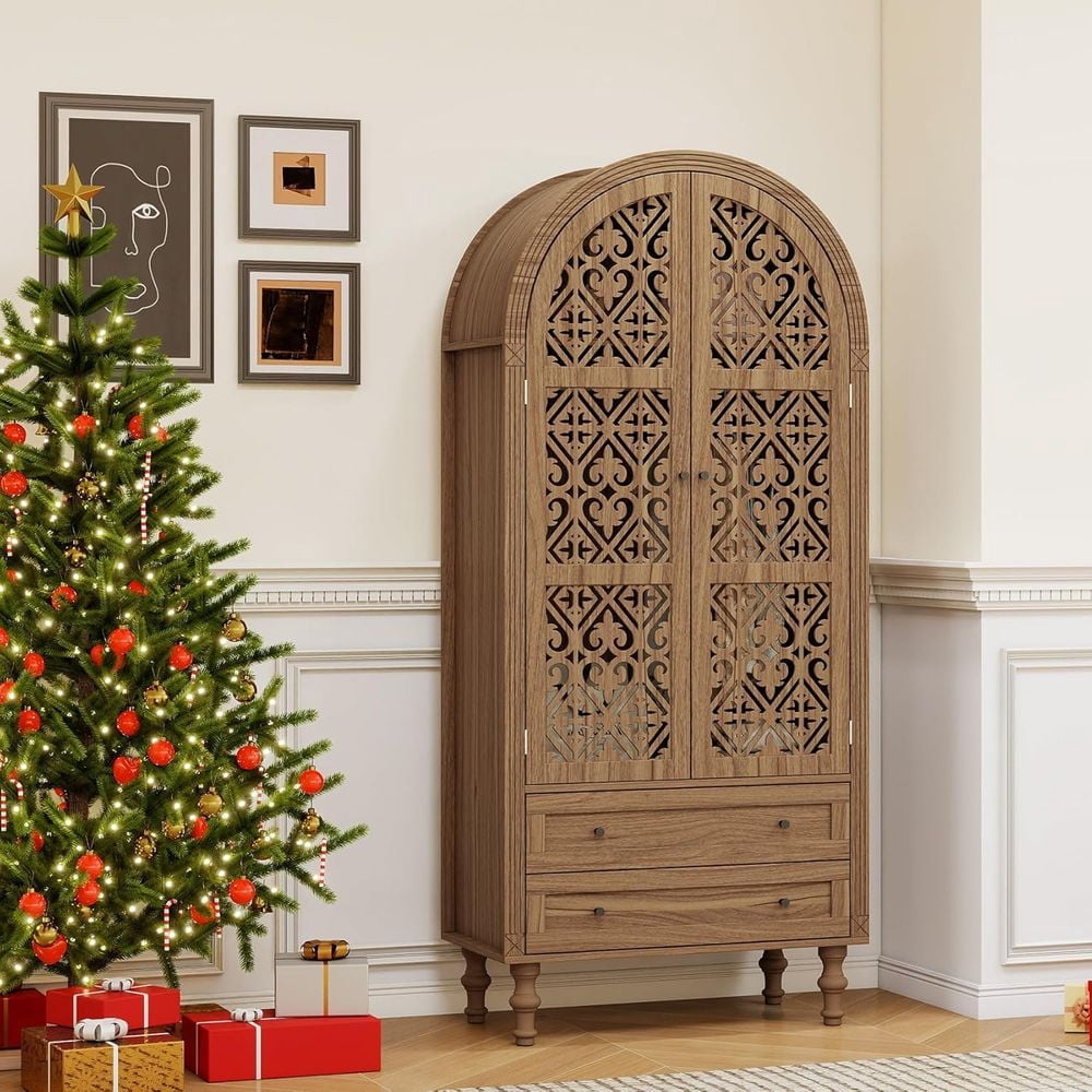 LUMAMIN 70" Tall Arched Pantry Cabinet, Hollow-Carved Kitchen Pantry Storage Cabinet with 2 Drawers, Hanging Rod & Solid Wood Legs for Living Room, Dining Room, Walnut
