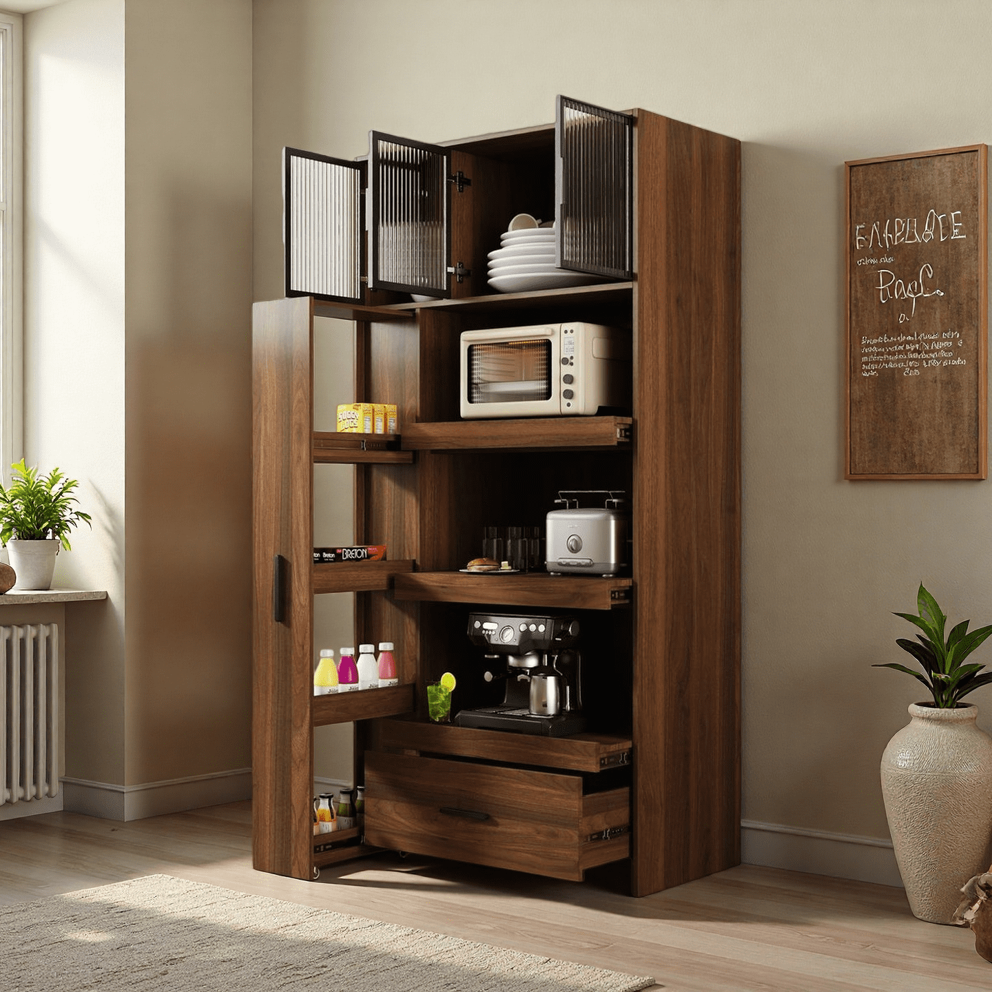 LUMAMIN 71" Kitchen Pantry Storage Cabinet with Pull-Out Multi-Tier Storage Shelf, Tall Kitchen Hutch Pantry Cabinet with Drawer and Microwave Stand Walnut