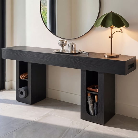 LUMAMIN 71 Long Console Table, Entryway Table with Outlet and Storage Shelves, Farmhouse Sofa Table with Thick Heavy Duty High Density MDF for Hallway, Behind Couch or Living Room
