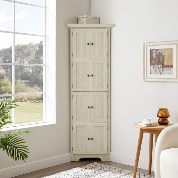 LUMAMIN 72" Corner Cabinet, 4-Tier Storage Cabinet with 8 Doors and Shelves, Narrow Cabinet Organizer for Living Room, Kitchen, or Bathroom (White)
