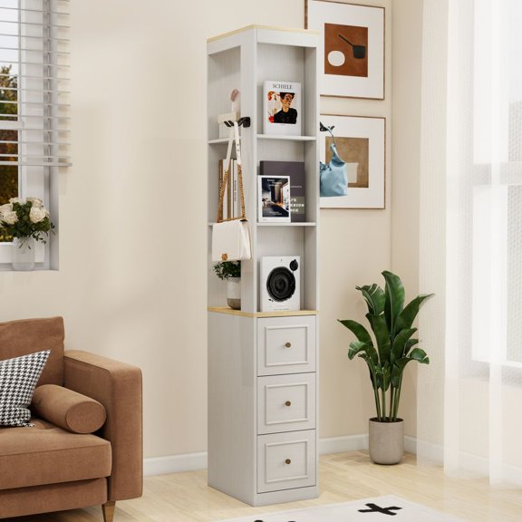 LUMAMIN 73" Tall Narrow Storage Cabinet, Wood CD Storage Rack Organizer Shelf with 3 Shelves, 3 Drawers & 2 Hooks for Living Room or Study, Antique White