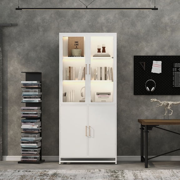 LUMAMIN 76.75 Tall Display Cabinet, Steel Curio Cabinet with Glass Doors and LED Lights, 3-Sided Glass and Adjustable Shelves for Living Room or Kitchen, White