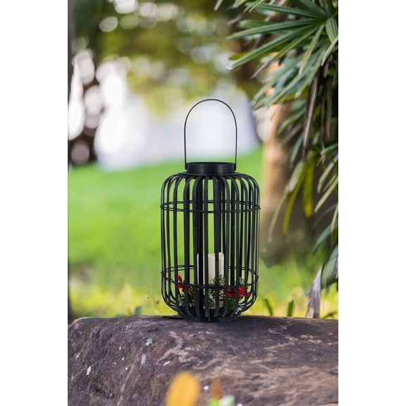 LUMAMIN Bamboo Lantern, Handcrafted Battery Operated Light with White LED Candle, Timer, Faux Greenery & Red Coral Beans for Patio Gazebo Tree Garden Decor, Black, 8.9x8.9x11.4 inches