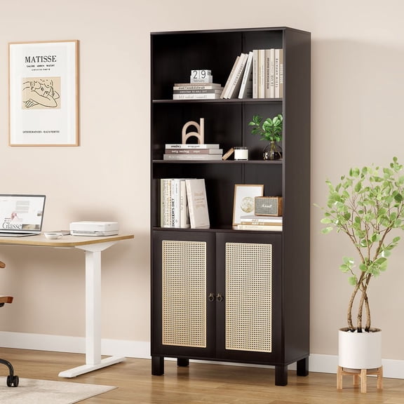 LUMAMIN Bookcase, 71" Tall Bookshelf 5 Tier Rattan Book Shelf with Doors, Cabinet Display Shelf Storage Shelves Book Case Organizer for Home Office and Bedroom, Black