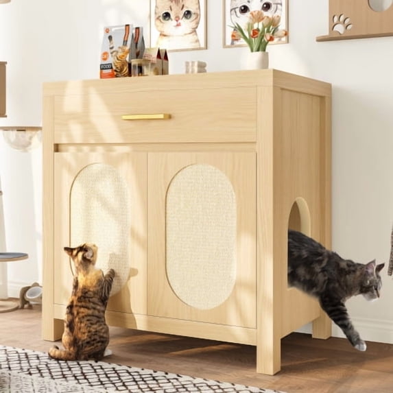 LUMAMIN Cat Litter Box Enclosure, Hidden Cat Litter Box Furniture with Scratching Board Doors and Storage Drawer, Wooden Indoor Cat House Cat Washroom