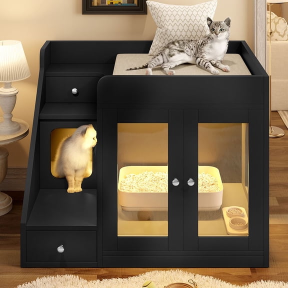 LUMAMIN Cat Litter Box Enclosure with Light, Hidden Litter Box Enclosure Furniture with 2 Drawers, Indoor Cat House Washroom End Table for Cats, Black