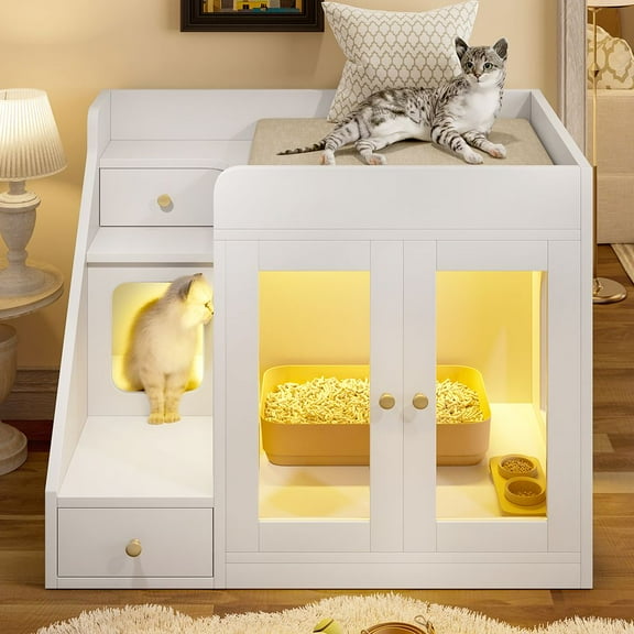 LUMAMIN Cat Litter Box Enclosure with Light, Hidden Litter Box Enclosure Furniture with 2 Drawers, Indoor Cat House Washroom End Table for Cats, White