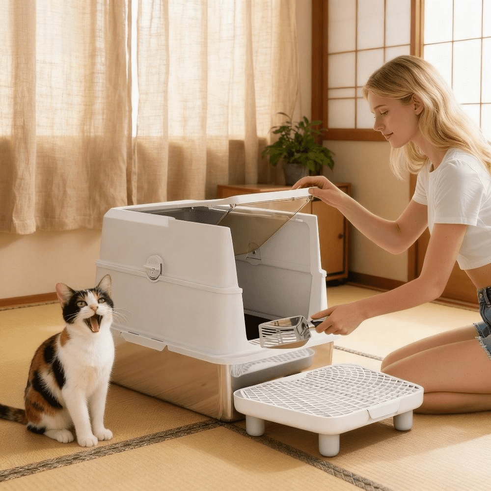 LUMAMIN Cat Litter Box, XL Stainless Steel Cat Box Enclosure with  Flip Cover and Deodorizer Pack Slot for Cats up to 15 lbs, Light Gray, 23.8"L x 15.9"W x 16.5"H