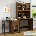 thumbnail image 1 of LUMAMIN Computer Desk, Extendable Study Desk with 90° Rotating Desktop, Glass Door Cabinets, Bookshelf & Hutch  for Home Office, Walnut, 1 of 12