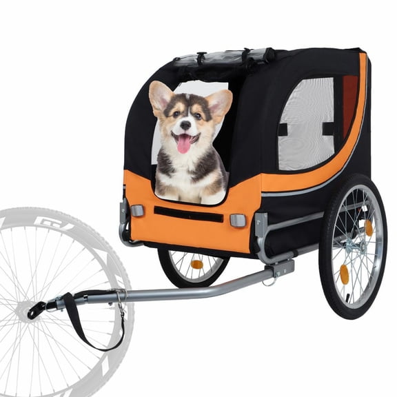 LUMAMIN Dog Bike Trailer, Large Folding Bike Trailer for Dogs, 66LB Capacity All-Terrain Steel Pet Stroller Cart Bicycle Carrier with 3 Zippered Entrances, Black Orange