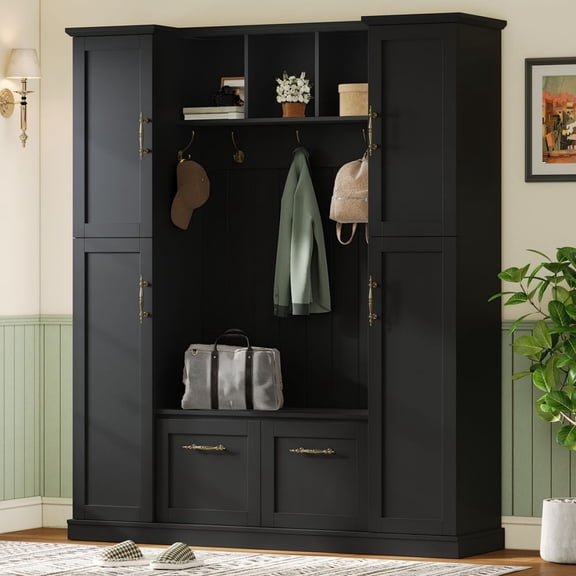 LUMAMIN Farmhouse Hall Tree, Coat Rack with 4 Side Cabinets and Adjustable Shelves, All-in-One Mudroom Bench with 5 Hooks and Coat Rack for Entryway or Hallway, Black