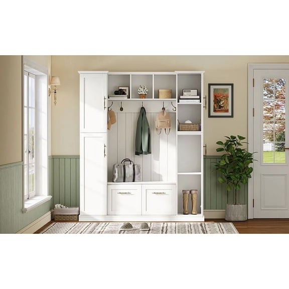 LUMAMIN Farmhouse Hall Tree, Coat Rack with 4 Side Cabinets and Adjustable Shelves, All-in-One Mudroom Bench with 5 Hooks and Coat Rack for Entryway or Hallway, White