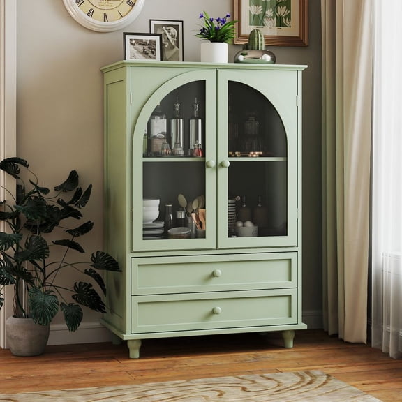 LUMAMIN Farmhouse Storage Cabinet, Accent Cabinet with Arched Tempered Glass Door and Tiered Top, 2-Drawer Buffet Sideboard for Kitchen, Dining Room or Entryway, Green