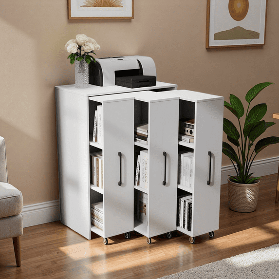 LUMAMIN File Cabinet with 3 Pulled Out Doors, Slide Out Filing Cabinet with Wheels, Multi-Functional Printer Stand Under Desk Storage for Office or Living Room, White