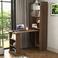 thumbnail image 1 of LUMAMIN Fold-Out Writing Table, Convertible Folding Desk, Foldable Computer Desk with Storage Shelves, Sliding Glass Doors & Pegboard Hooks for Home Office, Bedroom, Walnut, 1 of 8