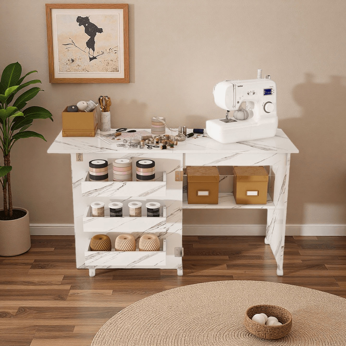LUMAMIN Folding Sewing Table with Lockable Wheels, 4-in-1 Multipurpose Rolling Craft Station, End Table, Computer Desk & Kitchen Storage Cabinet,White