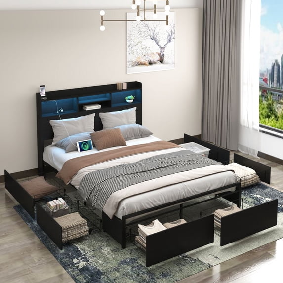LUMAMIN Full Bed Frame with 6 Storage Drawers, LED Headboard & Charging Station, Noise Free Heavy Duty Platform Bed, Metal Slats, No Box Spring Needed, Black